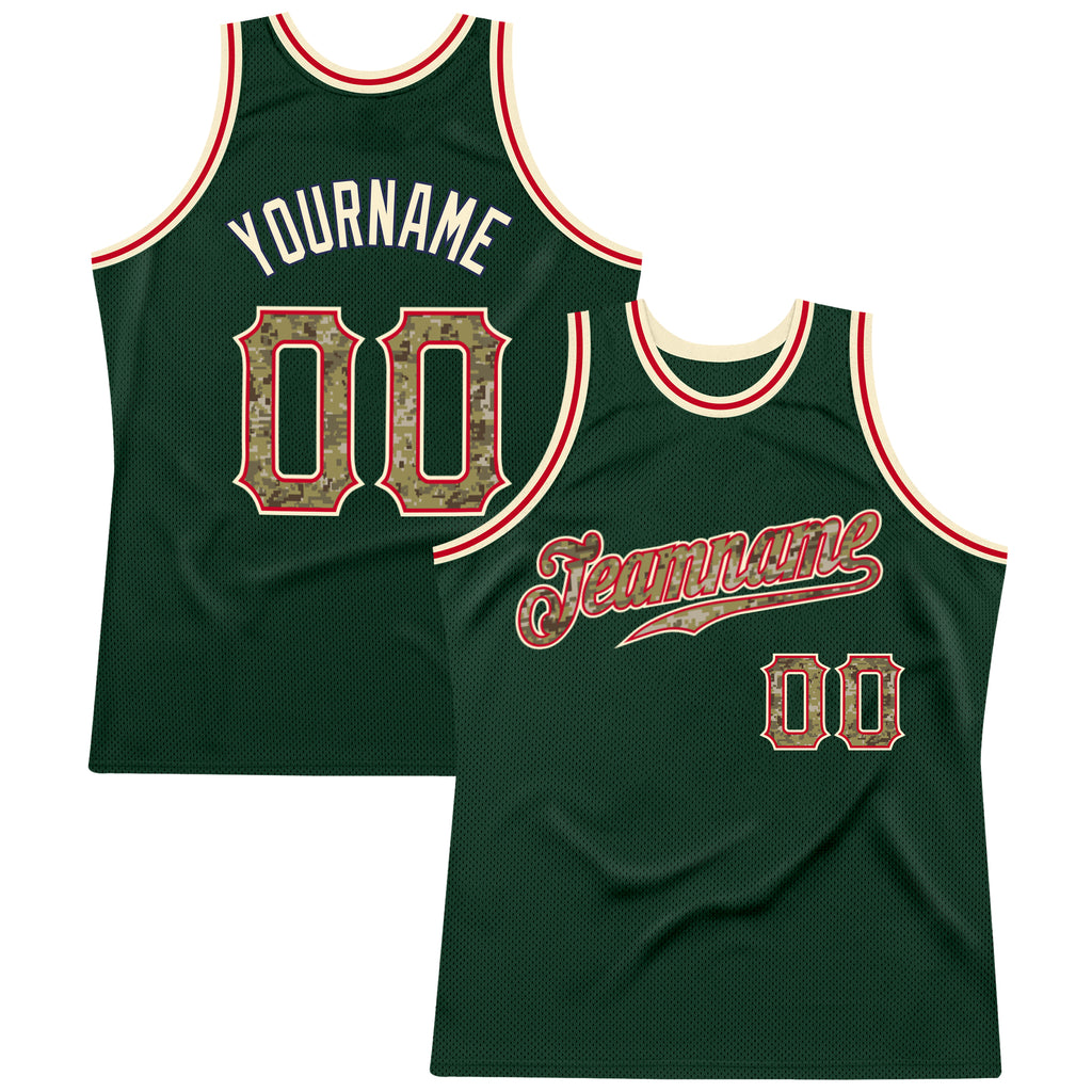 Custom Hunter Green Camo-Cream Authentic Throwback Basketball Jersey