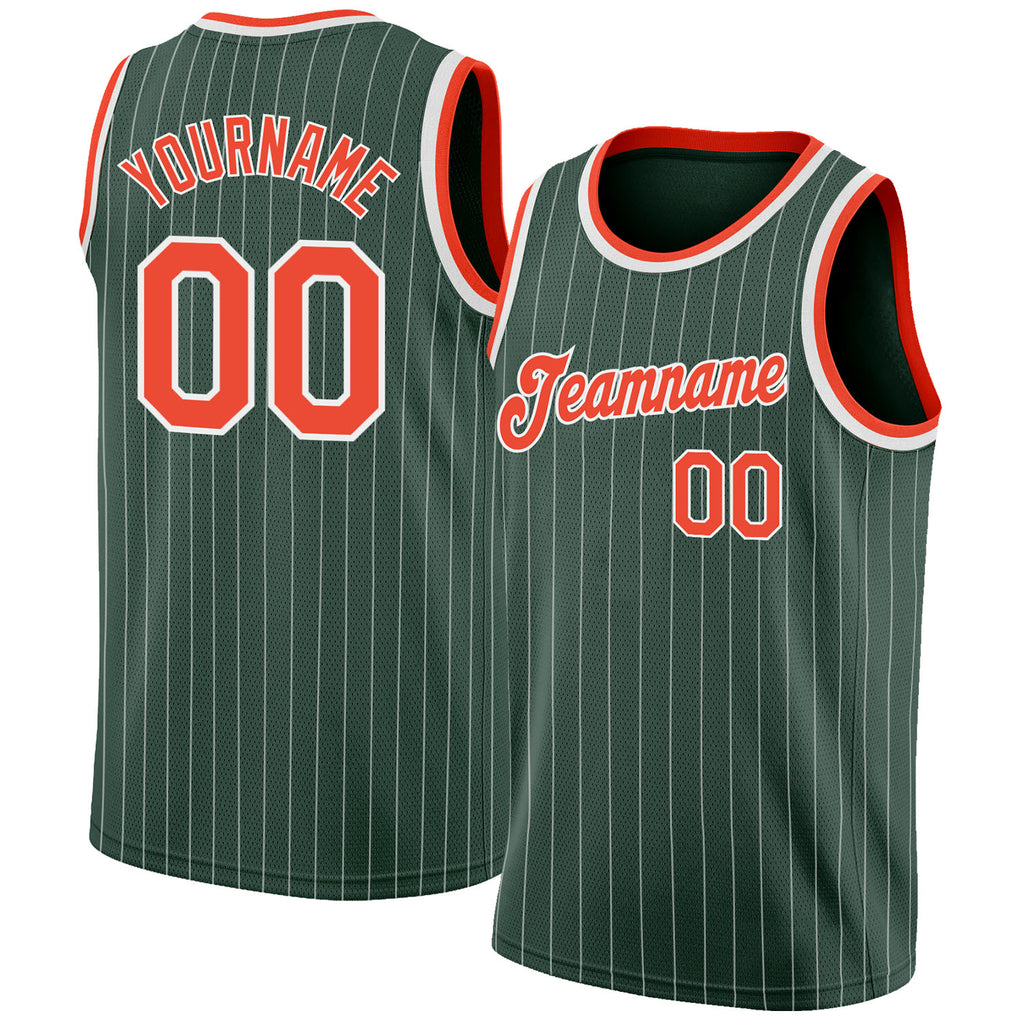 Custom Hunter Green White Pinstripe Orange-White Authentic Basketball Jersey