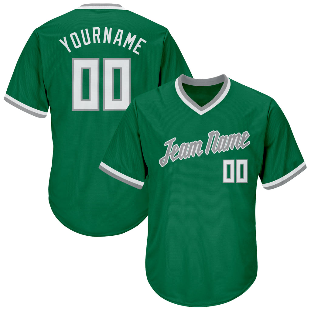 Custom Kelly Green White-Gray Authentic Throwback Rib-Knit Baseball Jersey Shirt