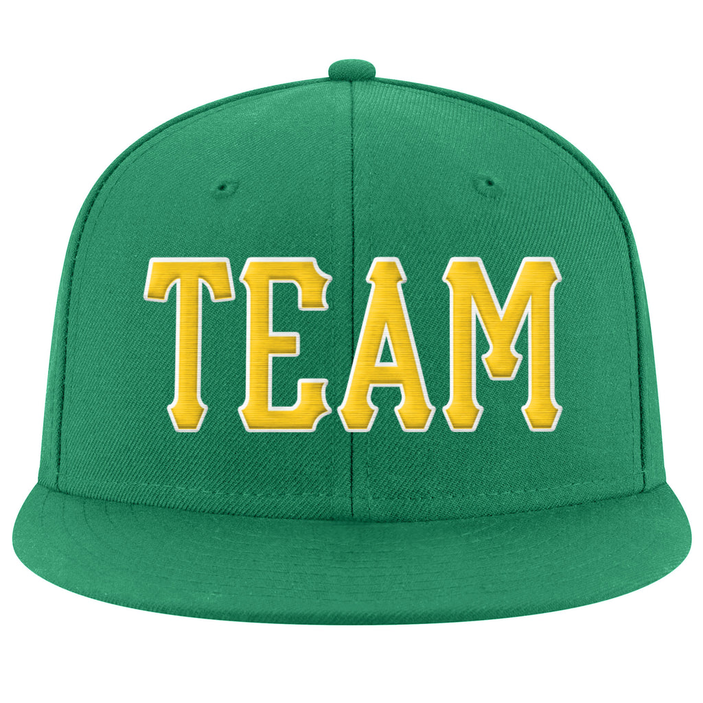 Custom Kelly Green Gold-White Stitched Adjustable Snapback Hat