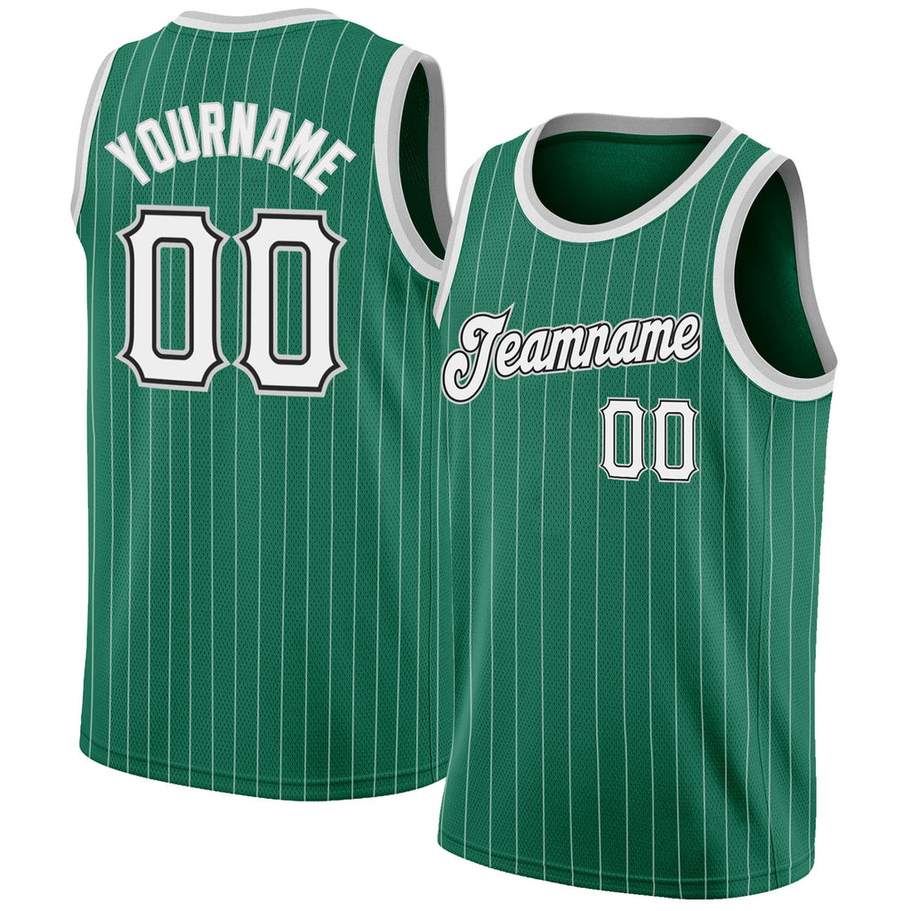 Custom Kelly Green White Pinstripe White-Gray Authentic Basketball Jersey