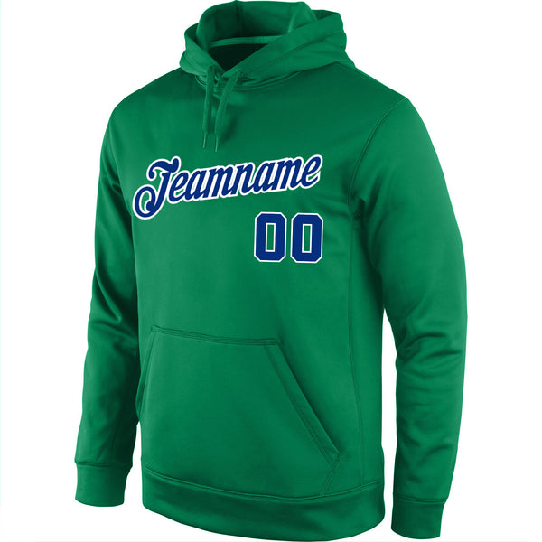 Custom Stitched Kelly Green Royal-White Sports Pullover Sweatshirt Hoodie