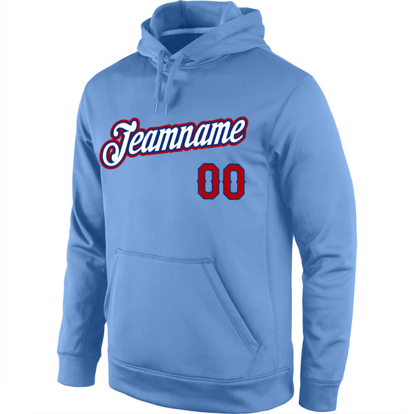 Custom Stitched Light Blue White-Red Sports Pullover Sweatshirt Hoodie