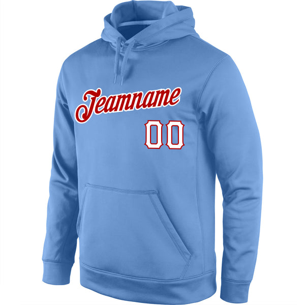 Custom Stitched Light Blue White-Red Sports Pullover Sweatshirt Hoodie