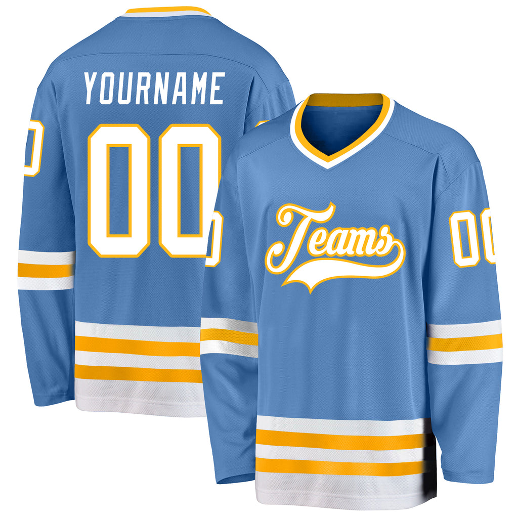 Custom Light Blue White-Gold Hockey Jersey