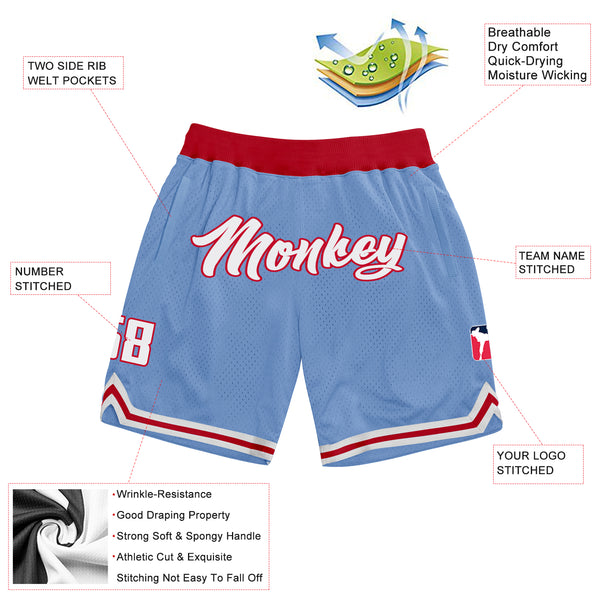 Custom Light Blue White-Red Authentic Throwback Basketball Shorts