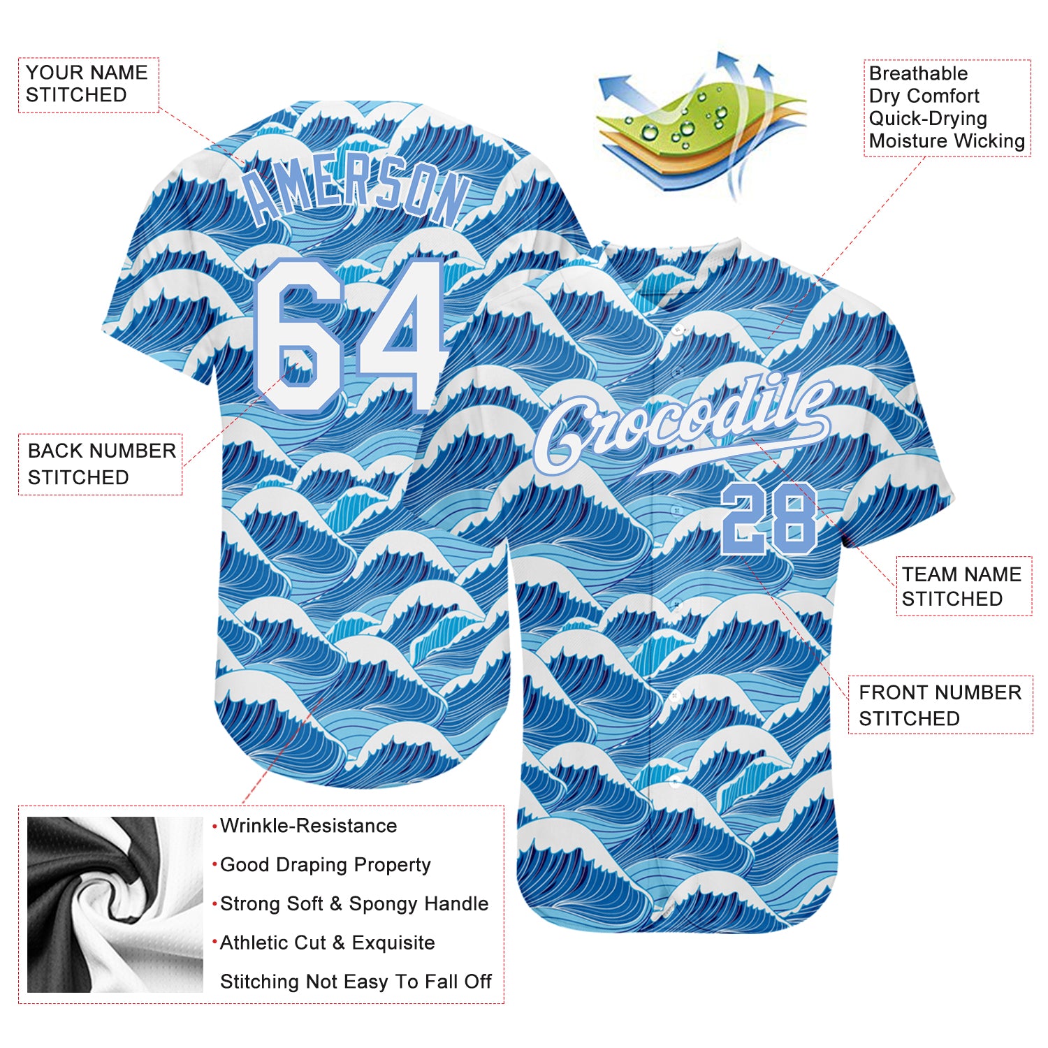 Custom Light Blue White-Light Blue 3D Pattern Design Waves Authentic Baseball Jersey