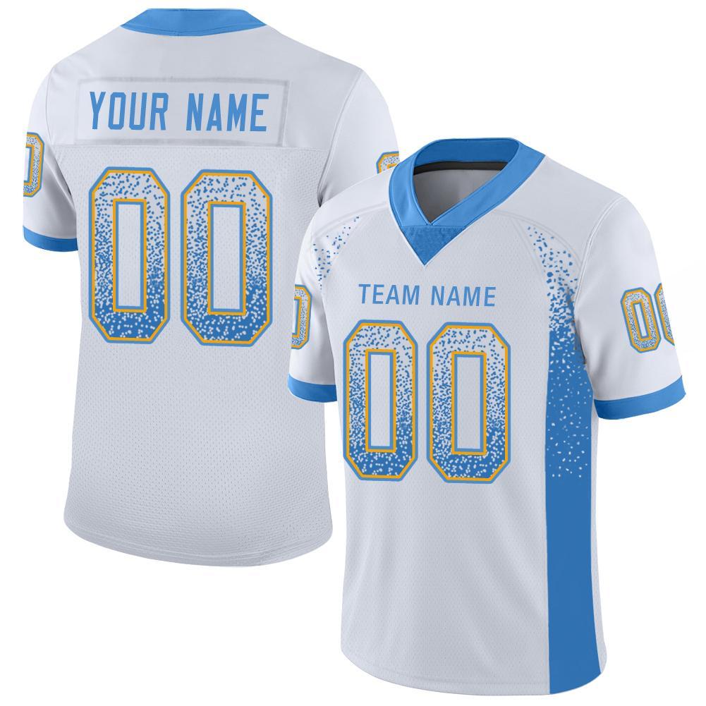 Custom White Powder Blue-Gold Mesh Drift Fashion Football Jersey