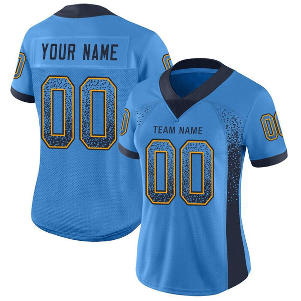 Custom Powder Blue Navy-Gold Mesh Drift Fashion Football Jersey