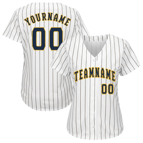 Custom White Royal Pinstripe Navy-Gold Baseball Jersey