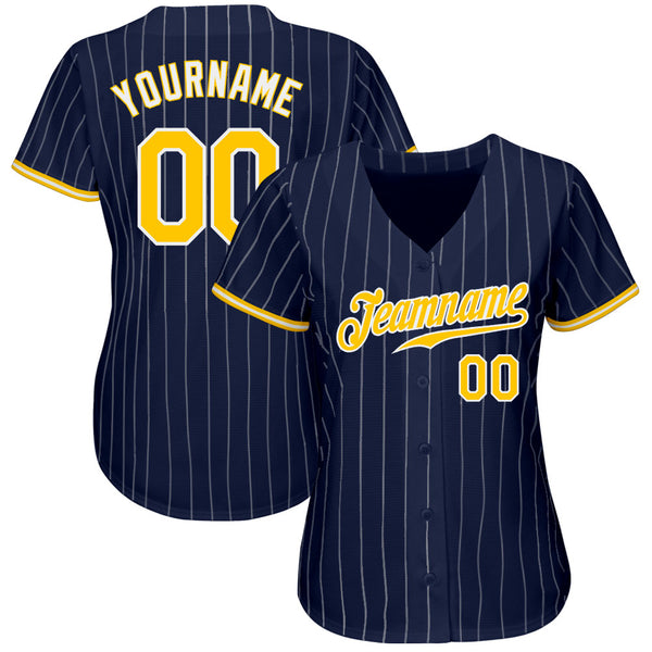 Custom Navy White Pinstripe Gold-White Authentic Baseball Jersey