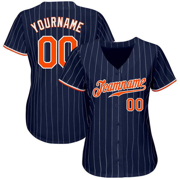 Custom Navy White Pinstripe Orange-White Authentic Baseball Jersey