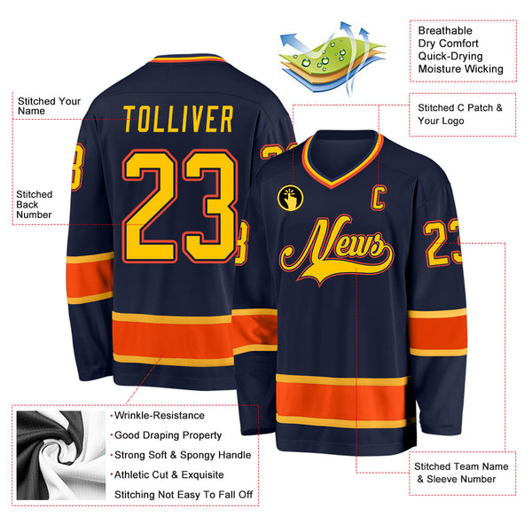 Custom Navy Gold-Orange Hockey Jersey