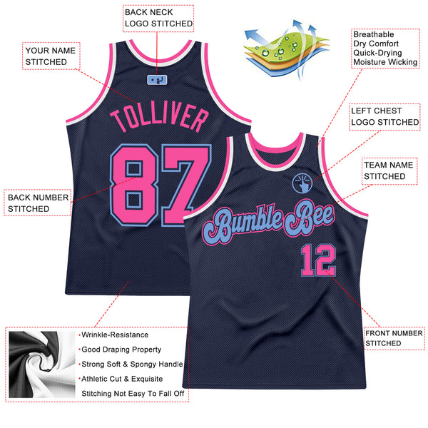 Custom Navy Pink-Light Blue Authentic Throwback Basketball Jersey