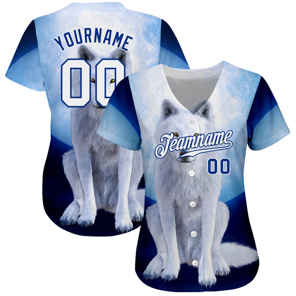 Custom Navy White-Royal 3D Pattern Design Wolf Authentic Baseball Jersey