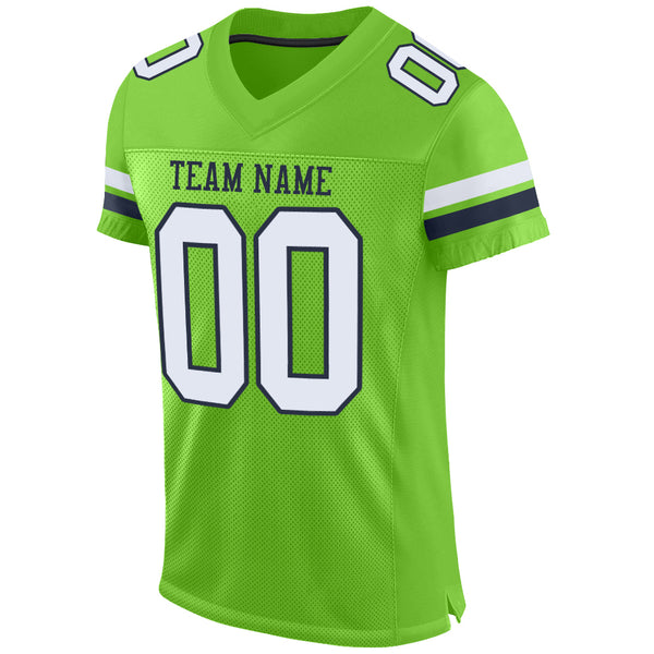 Custom Neon Green White-Navy Mesh Authentic Football Jersey