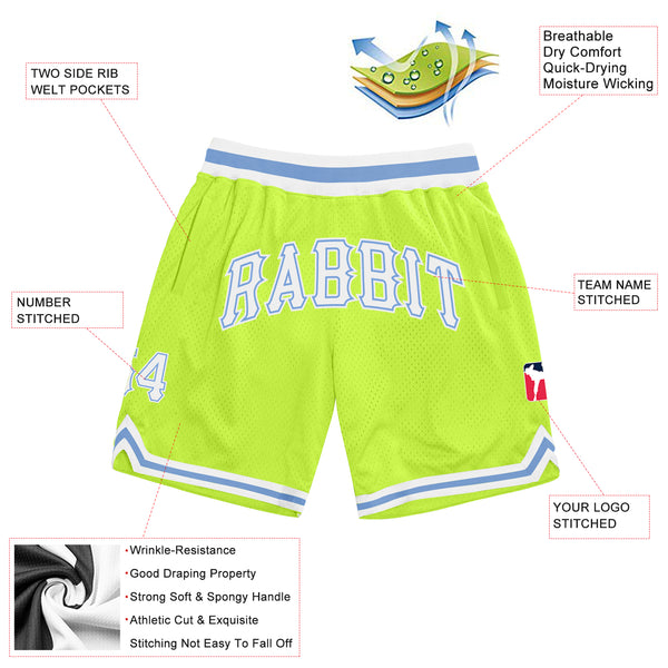 Custom Neon Green White-Light Blue Authentic Throwback Basketball Shorts