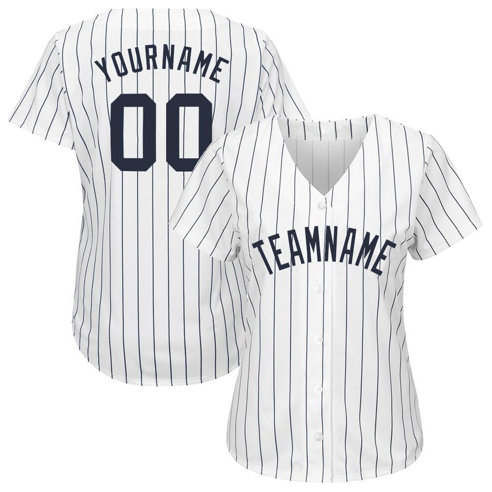 Custom White Navy Pinstripe Navy Softball Jersey