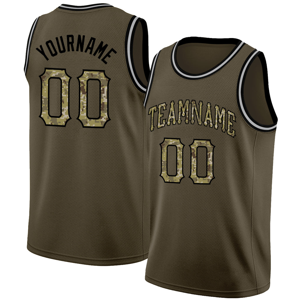 Custom Olive Camo-Black Round Neck Rib-Knit Salute To Service Basketball Jersey