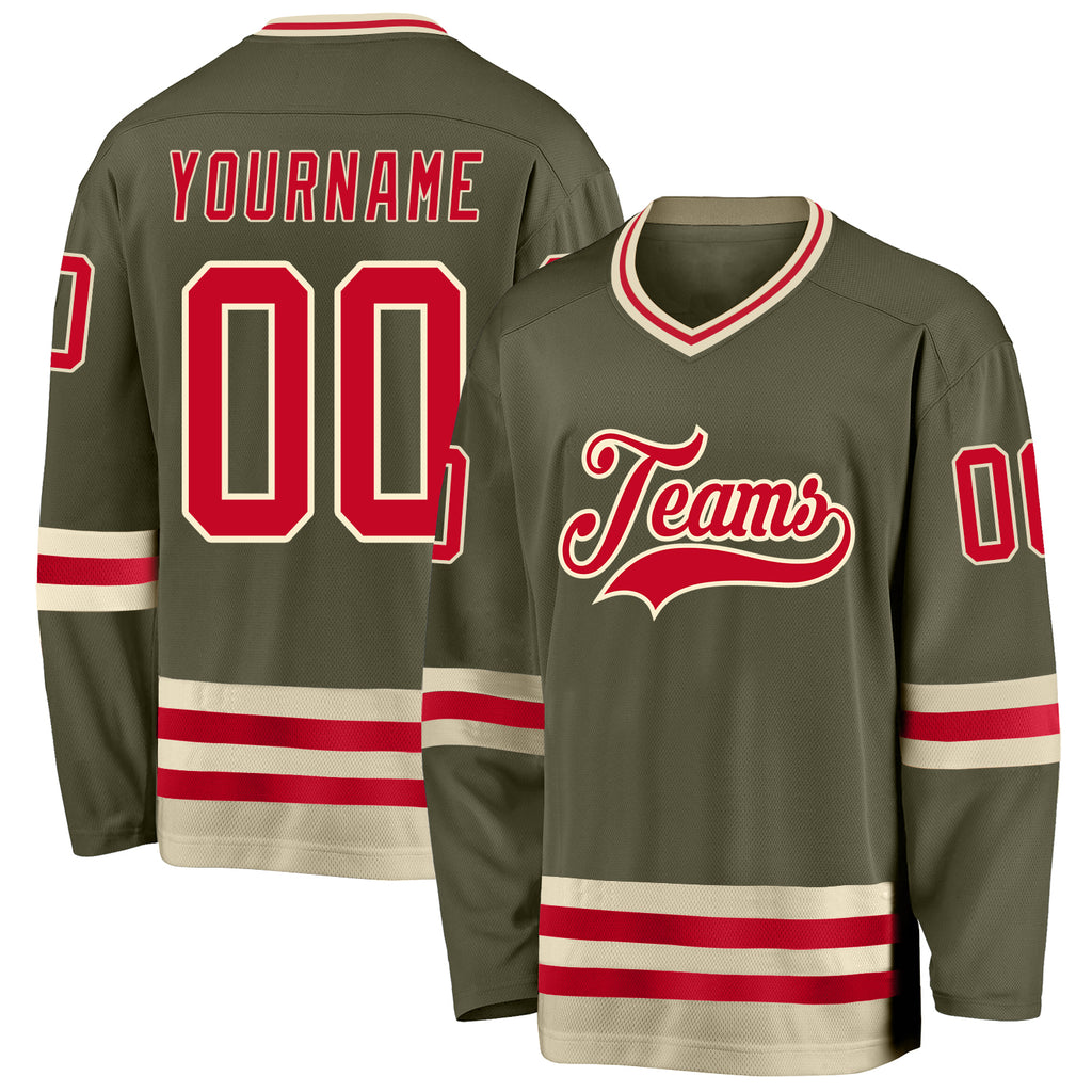 Custom Olive Red-Cream Salute To Service Hockey Jersey