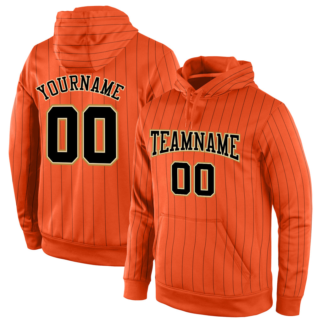 Custom Stitched Orange Black Pinstripe Black-Old Gold Sports Pullover Sweatshirt Hoodie