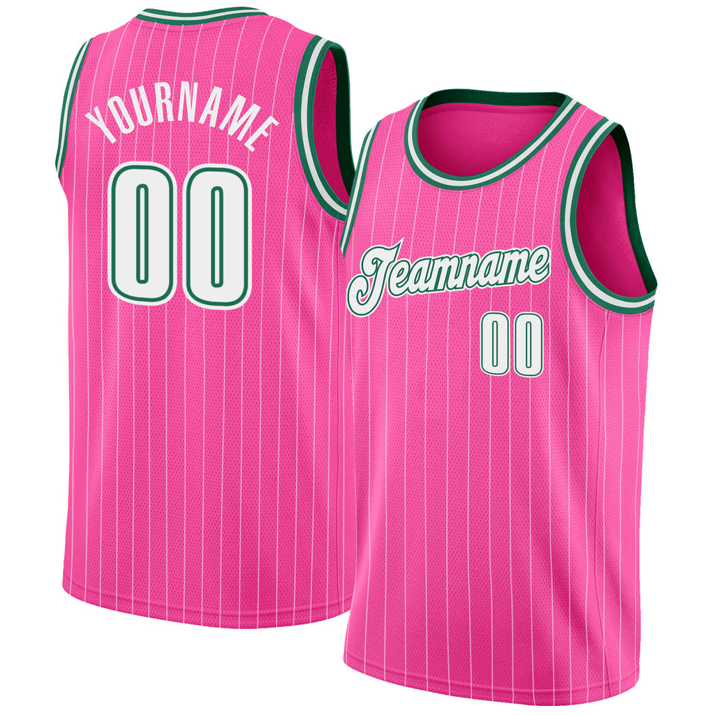 Custom Pink White Pinstripe White-Kelly Green Authentic Basketball Jersey