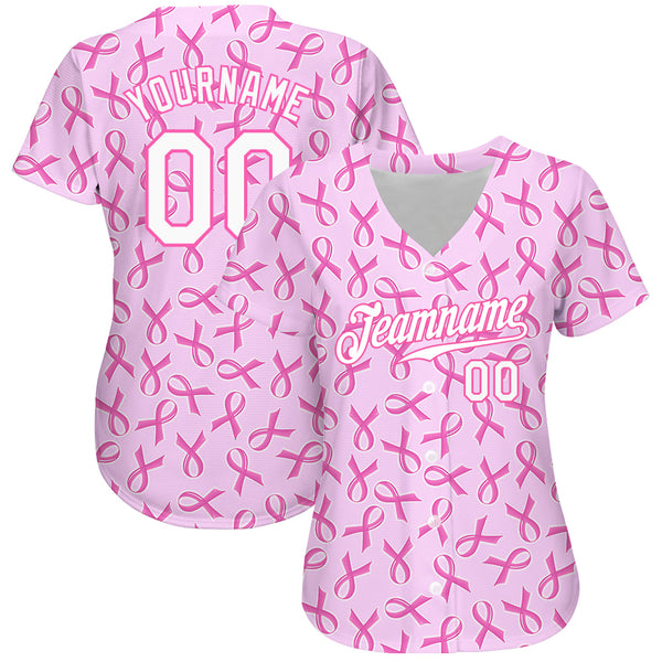 Custom Pink White 3D Pattern Design Breast Cancer Authentic Baseball Jersey