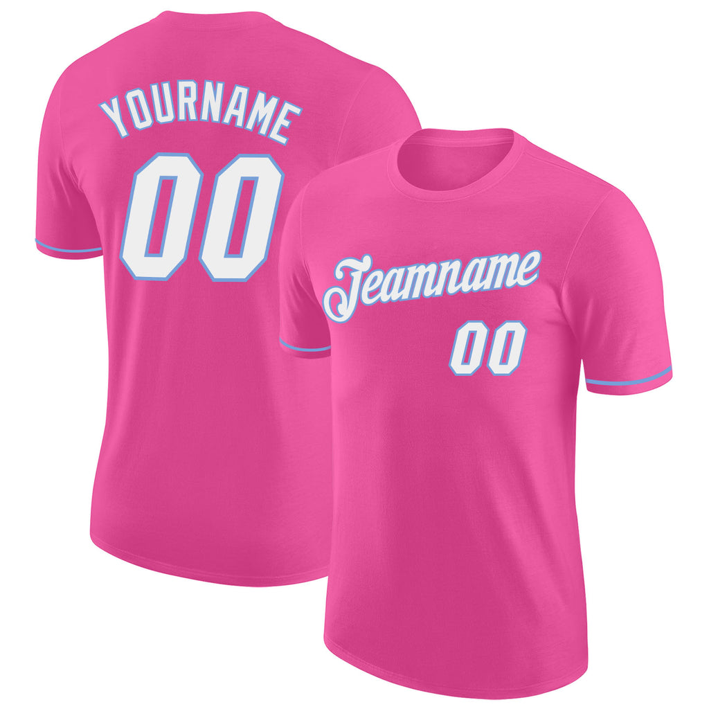 Custom Pink White-Light Blue Performance T-Shirt