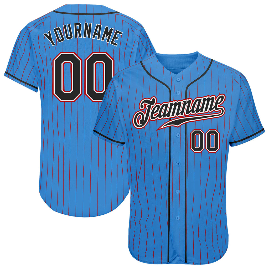 Custom Powder Blue Red Pinstripe Black-White Authentic Baseball Jersey