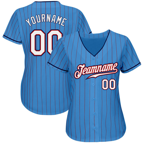 Custom Powder Blue Red Pinstripe White-Navy Authentic Baseball Jersey