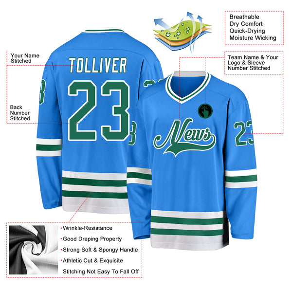 Custom Powder Blue Kelly Green-White Hockey Jersey