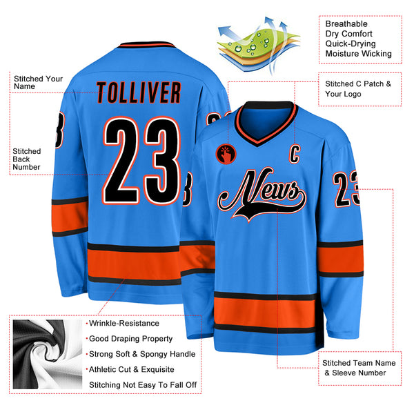 Custom Powder Blue Black-Orange Hockey Jersey