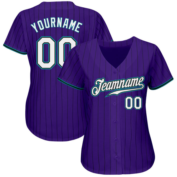 Custom Purple Black Pinstripe White-Teal Authentic Baseball Jersey