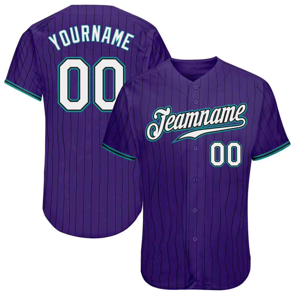 Custom Purple Black Pinstripe White-Teal Authentic Baseball Jersey