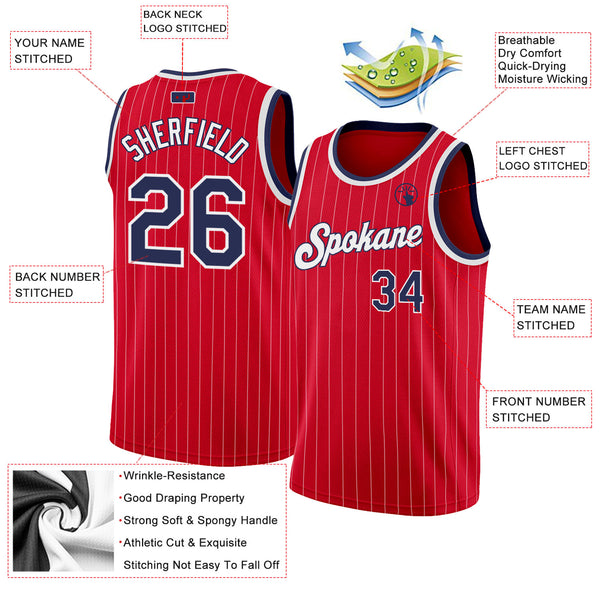 Custom Red White Pinstripe Navy-White Authentic Basketball Jersey