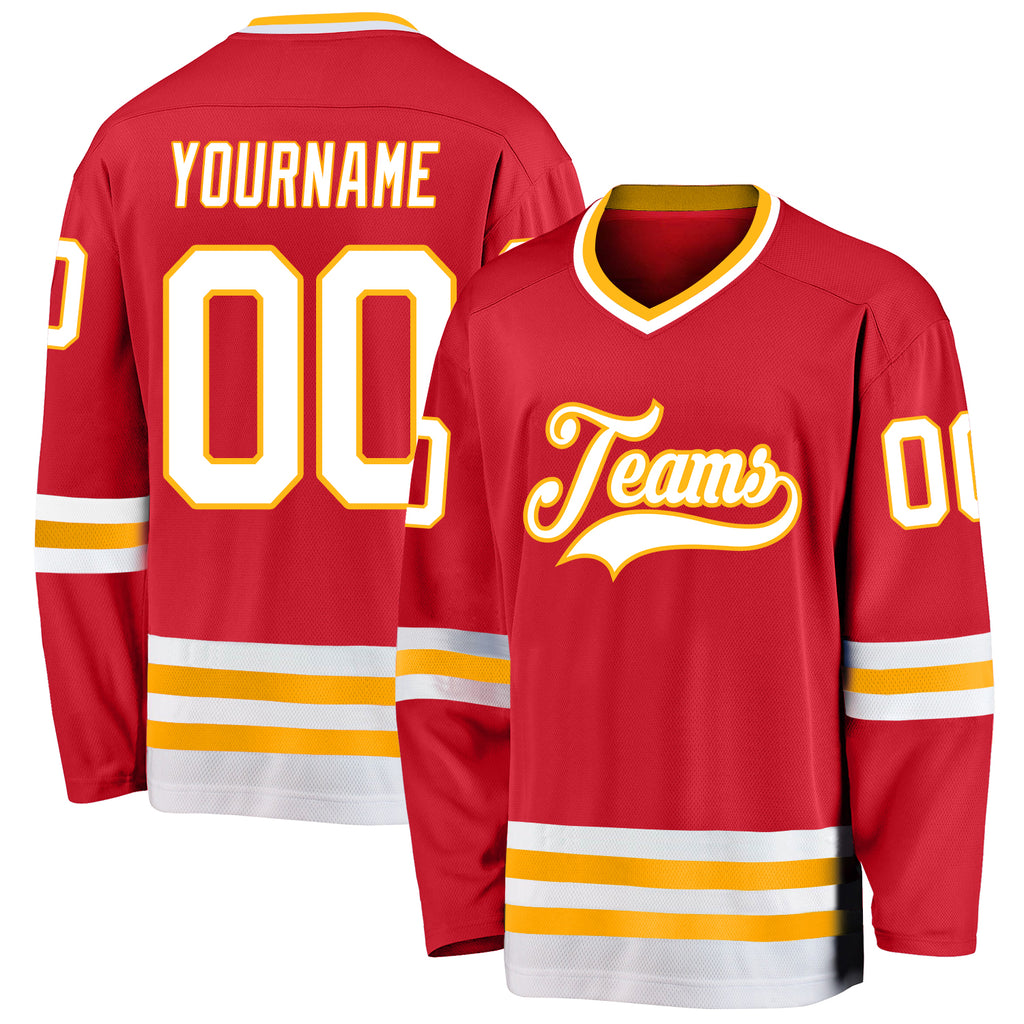 Custom Red White-Gold Hockey Jersey