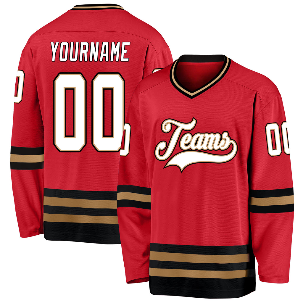 Custom Red White-Old Gold Hockey Jersey