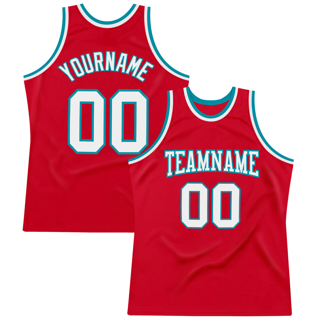 Custom Red White-Teal Authentic Throwback Basketball Jersey