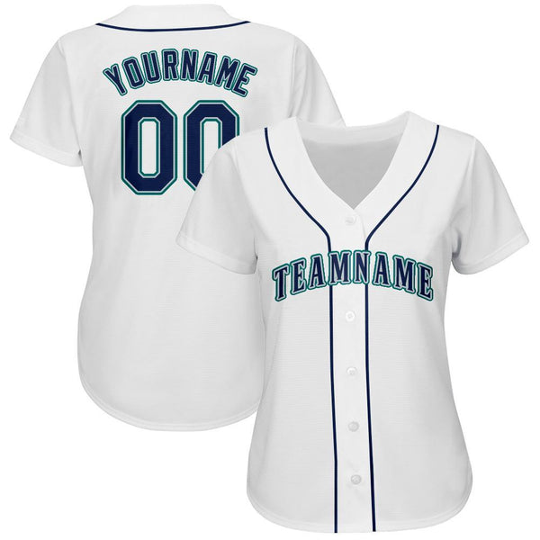 Custom White Navy-Teal Baseball Jersey