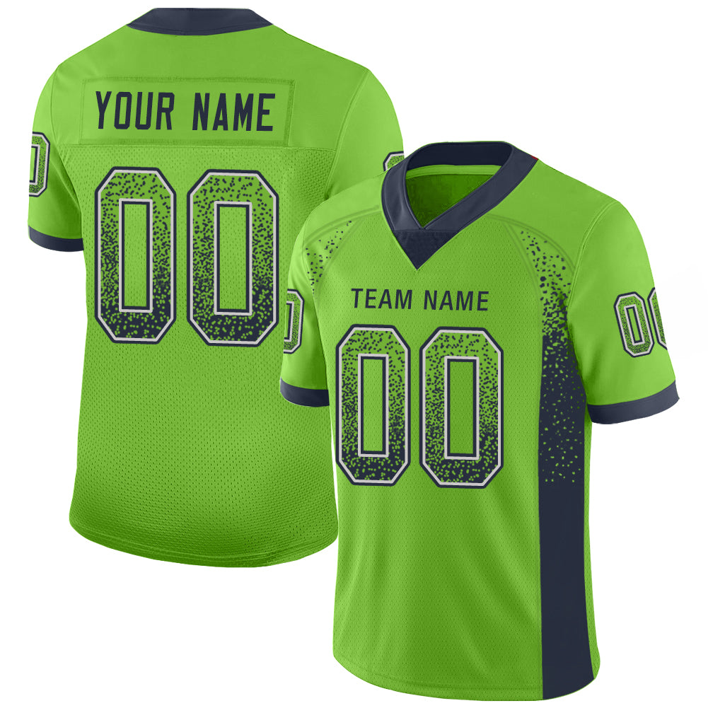 Custom Neon Green Navy-Gray Mesh Drift Fashion Football Jersey