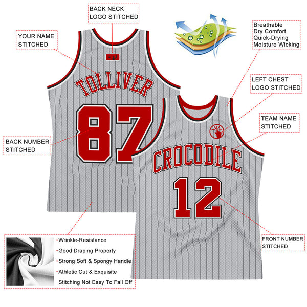 Custom Gray Black Pinstripe Red-White Authentic Basketball Jersey