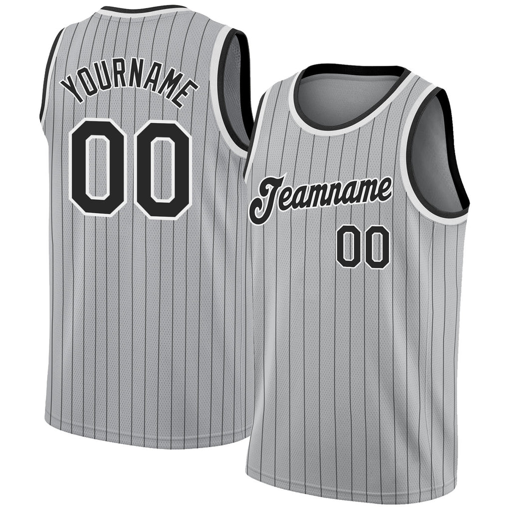 Custom Gray Black Pinstripe Black-White Authentic Basketball Jersey