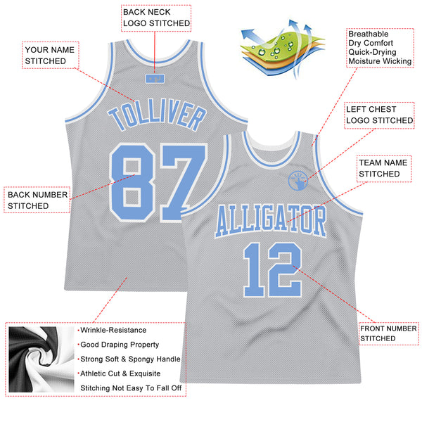 Custom Gray Light Blue-White Authentic Throwback Basketball Jersey