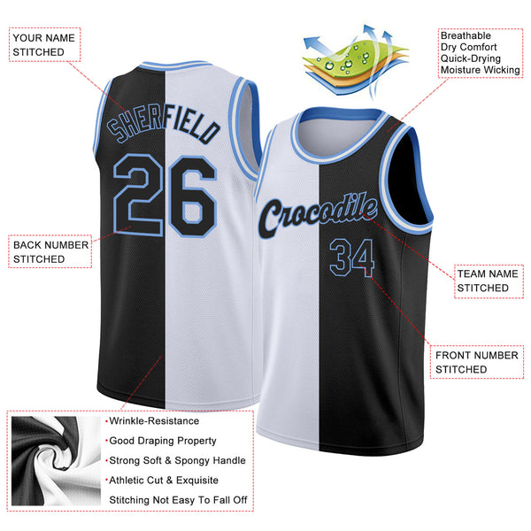 Custom White Black-Light Blue Authentic Split Fashion Basketball Jersey