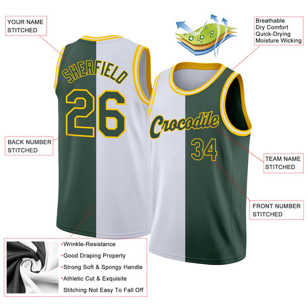 Custom White Hunter Green-Gold Authentic Split Fashion Basketball Jersey