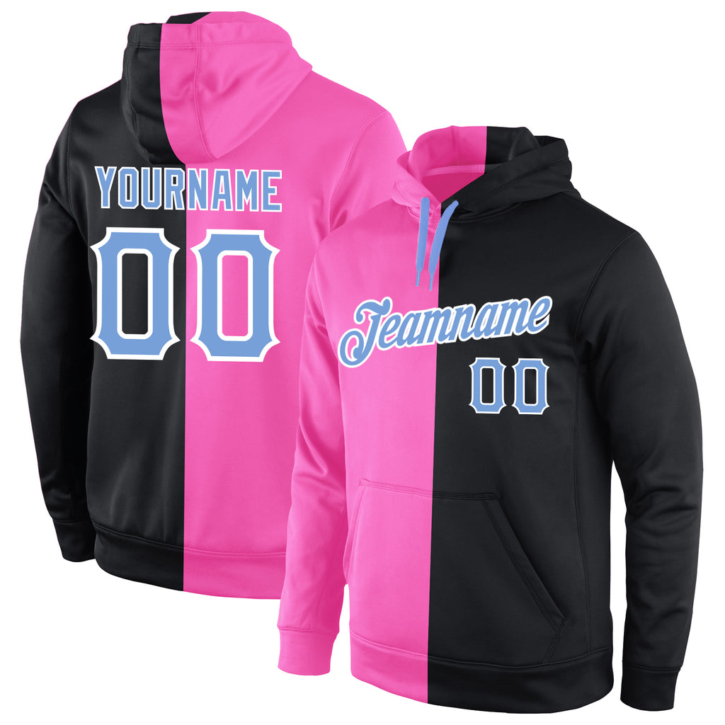 Custom Stitched Pink Light Blue-Black Split Fashion Sports Pullover Sweatshirt Hoodie