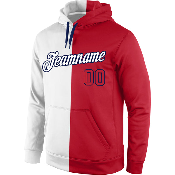 Custom Stitched White Red-Navy Split Fashion Sports Pullover Sweatshirt Hoodie