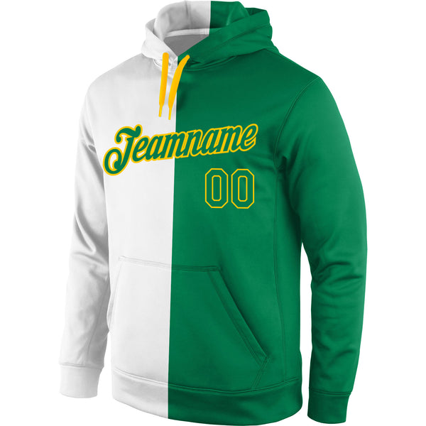 Custom Stitched White Kelly Green-Gold Split Fashion Sports Pullover Sweatshirt Hoodie