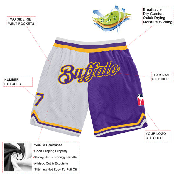 Custom White Purple-Gold Authentic Throwback Split Fashion Basketball Shorts
