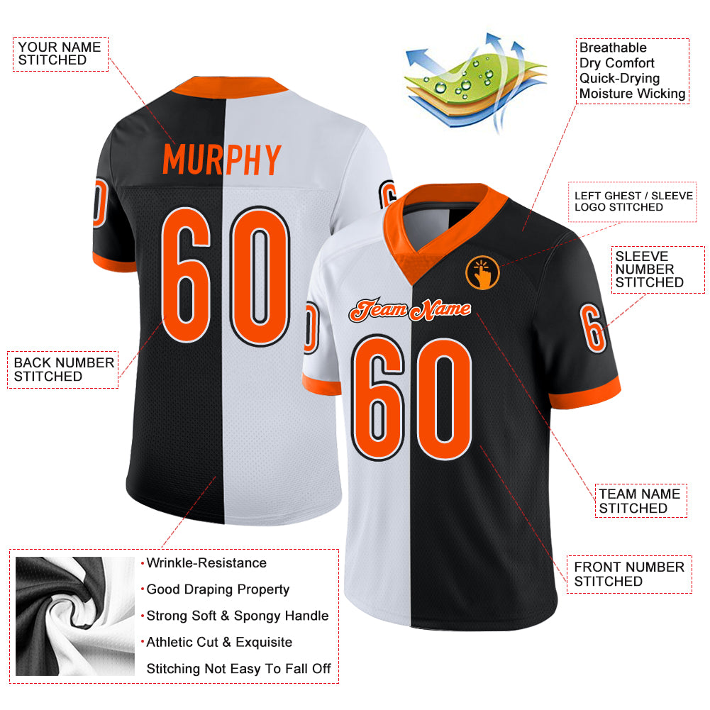 Custom Black Orange-White Split Fashion Football Jersey